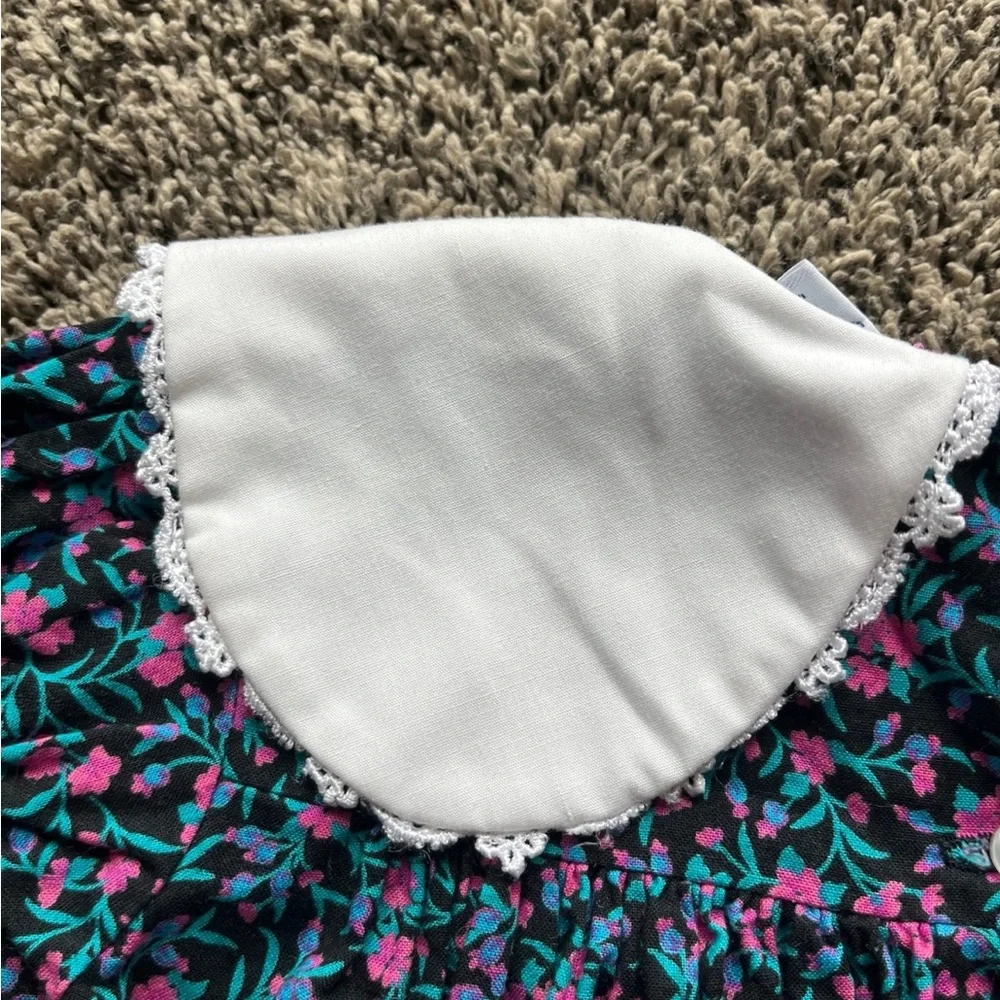 VINTAGE BRYAN Girls Floral Prairie Dress Lace Collar and Ruffle Hem 12 Months